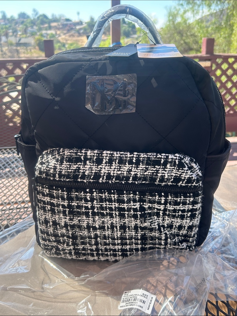 Badgley Mischka Black Quilted Backpack with Black-and-White Tweed Pocket